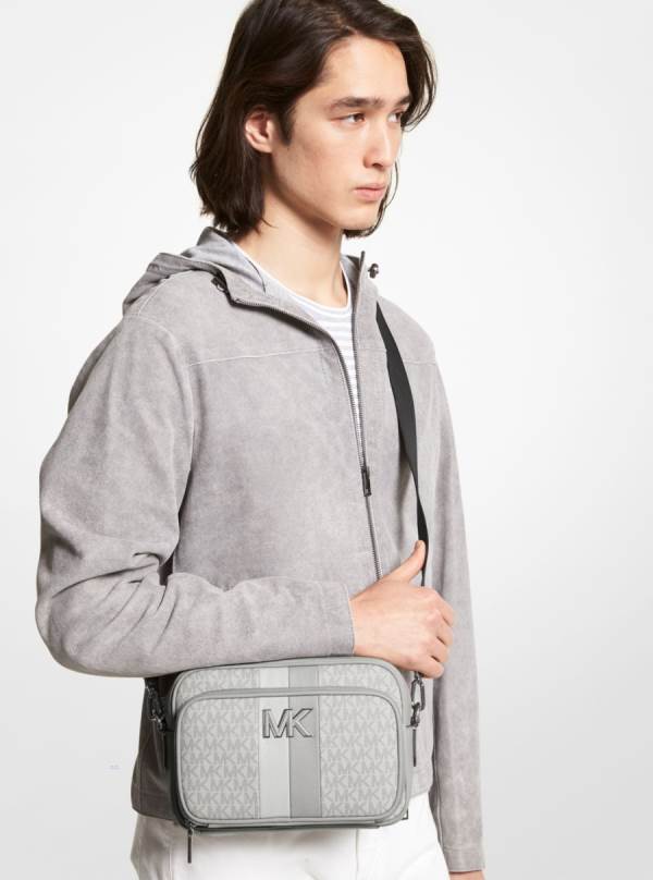 Panske Crossbody Kabelka Michael Kors Hudson Logo Stripe and Leather Siva - Tasky Michael Kors Levně | FZJHN-0258